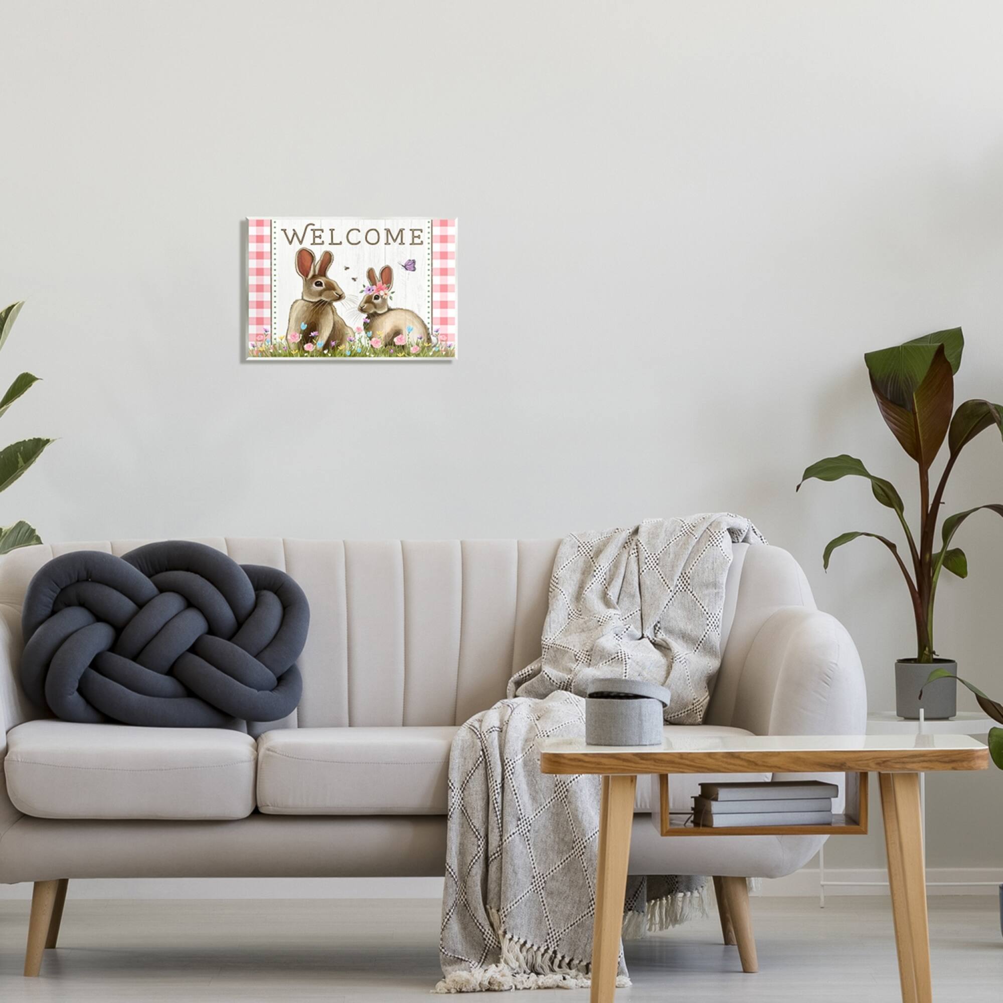 Stupell Industries Welcome Plaid Spring Garden Rabbits Wall Plaque Art